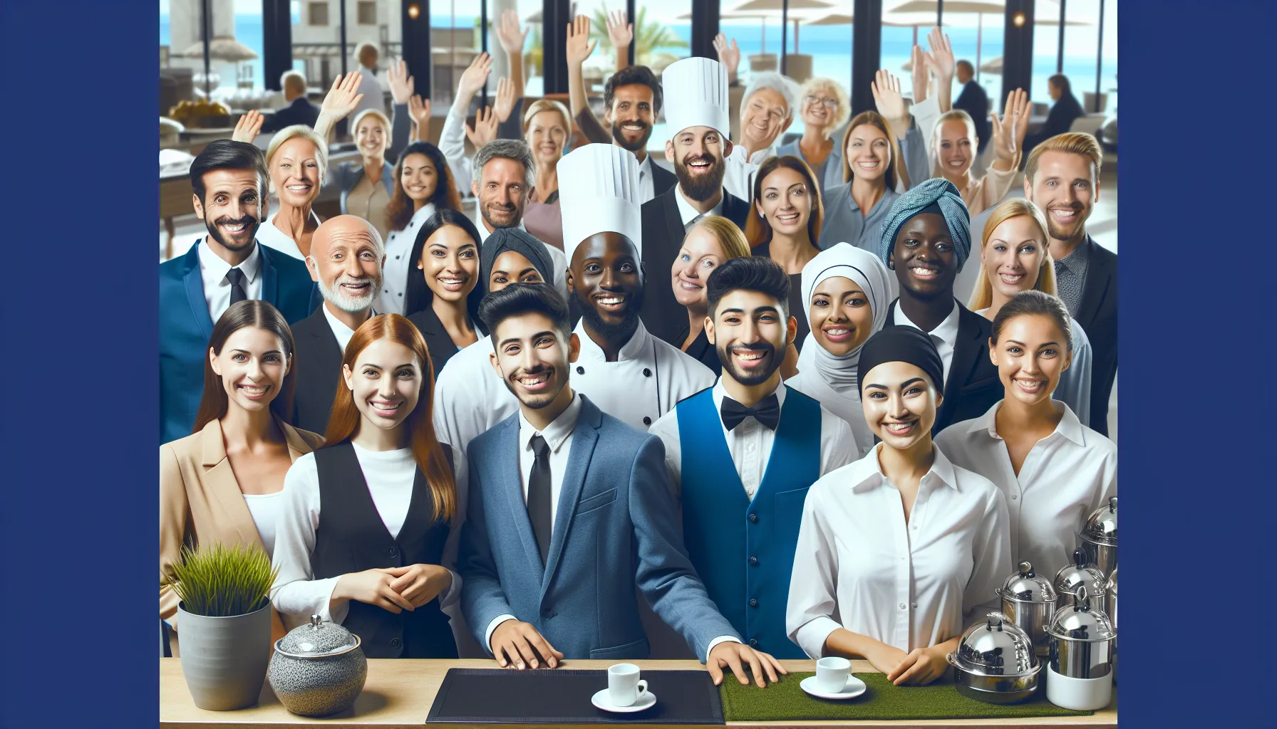 A vibrant scene of hospitality and tourism staff at work, including hotel receptionists greeting guests, chefs preparing dishes in a restaurant kitchen, and tour guides assisting travelers at a scenic location. The staff wear elegant uniforms, showcasing professionalism and friendliness.