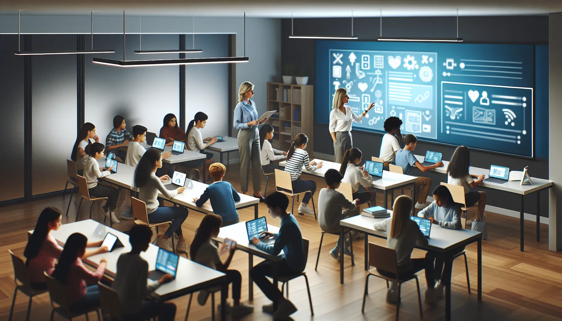 Classroom with students and a teacher using digital tools for learning.