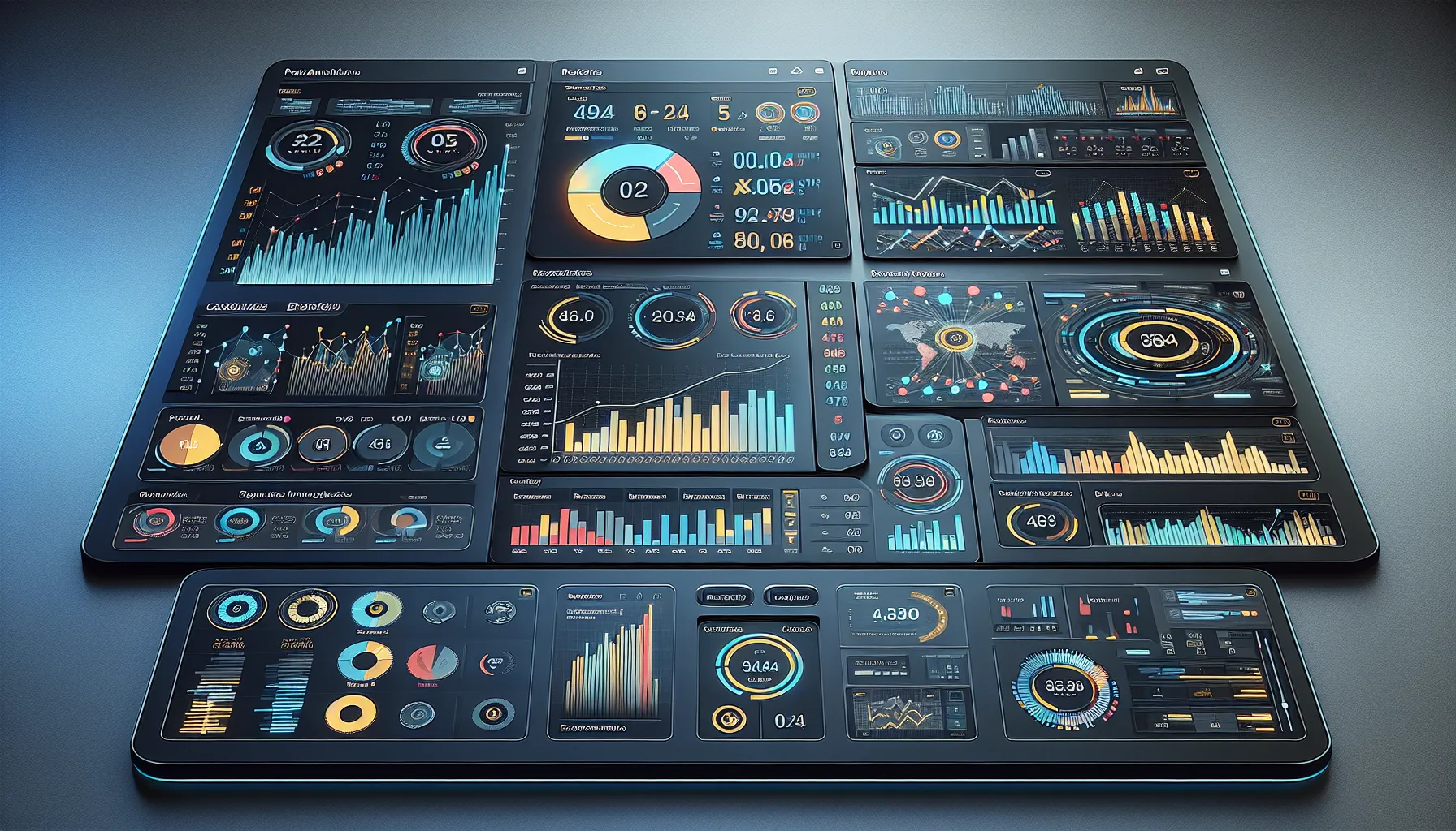 A sleek financial dashboard in dark mode, featuring vibrant charts, graphs, and metrics such as profit margins, revenue growth, stock performance, and expense tracking. Real-time updates and interactive widgets are displayed.